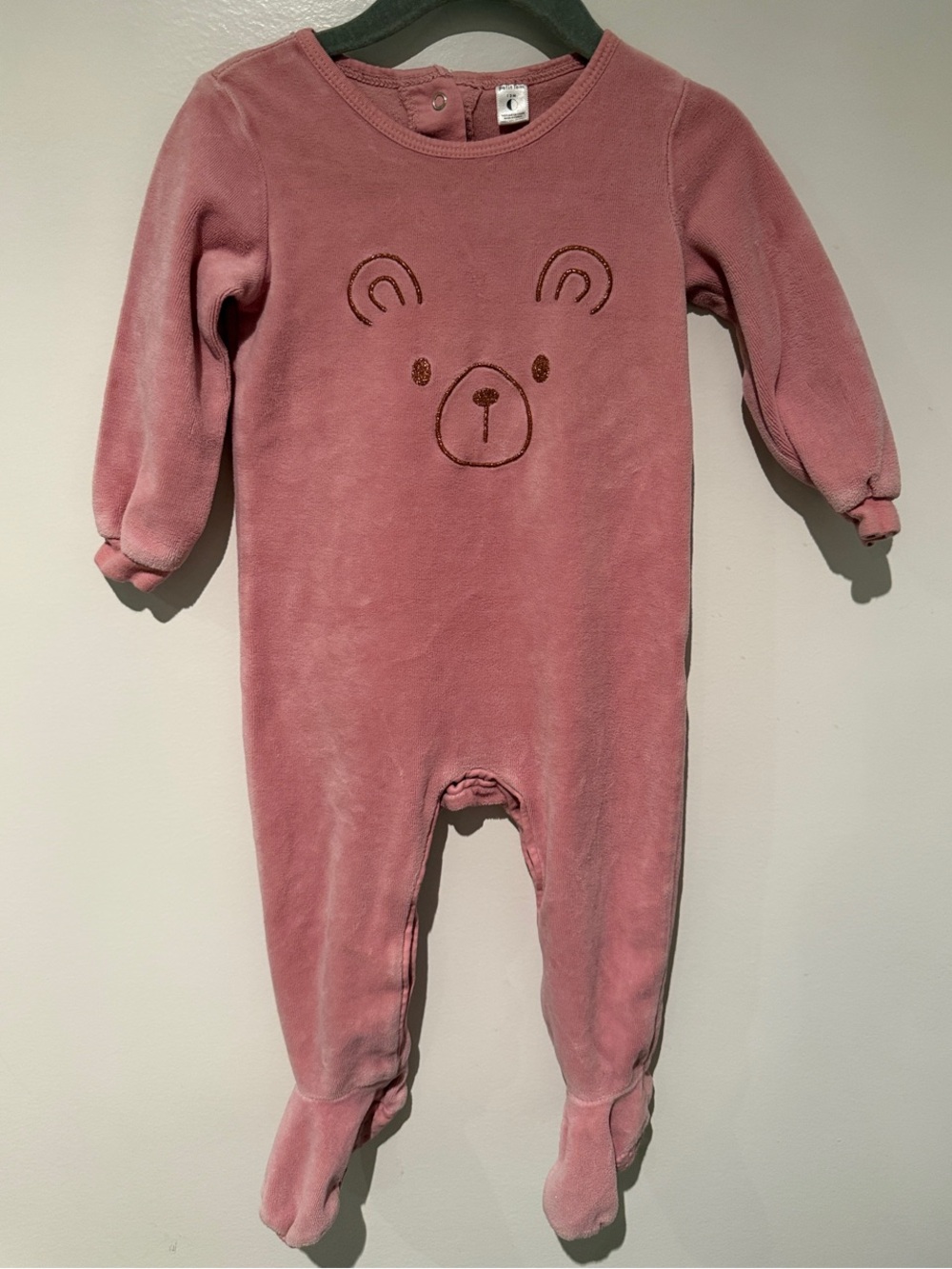 Petit Lem Dusty Pink Velour Teddy Bear Hibernate Footed Sleeper 12M
